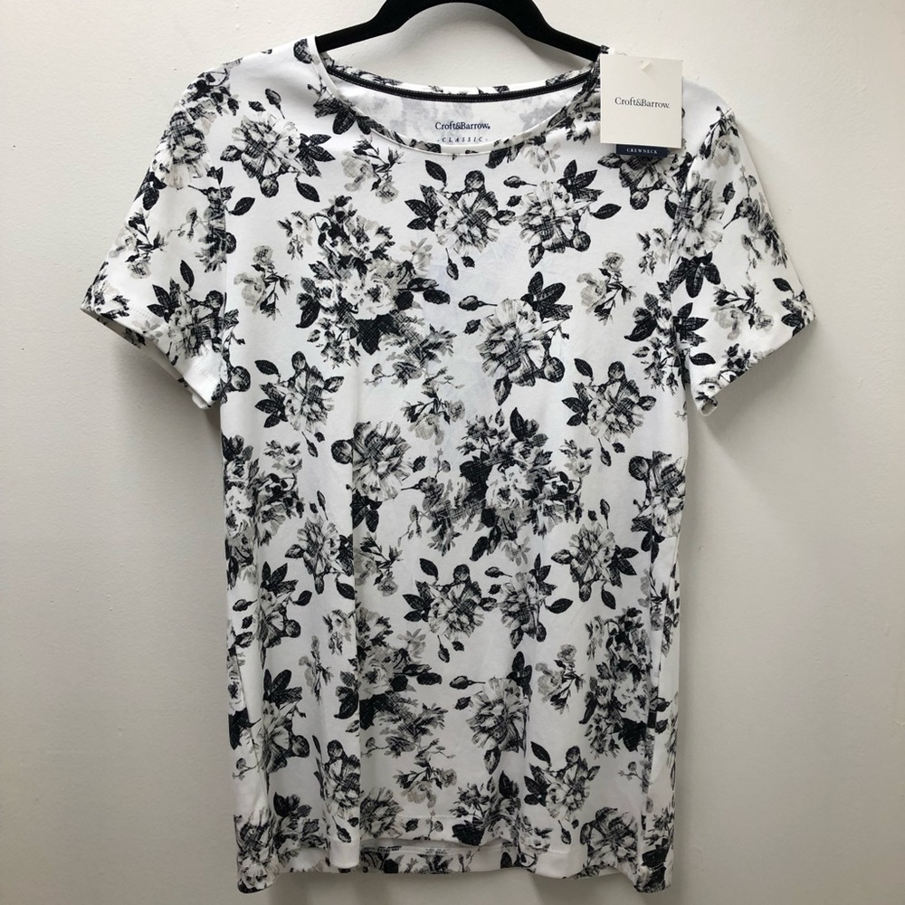Croft & Barrow Black Floral Print Classic Tee Shirt Womens Size M